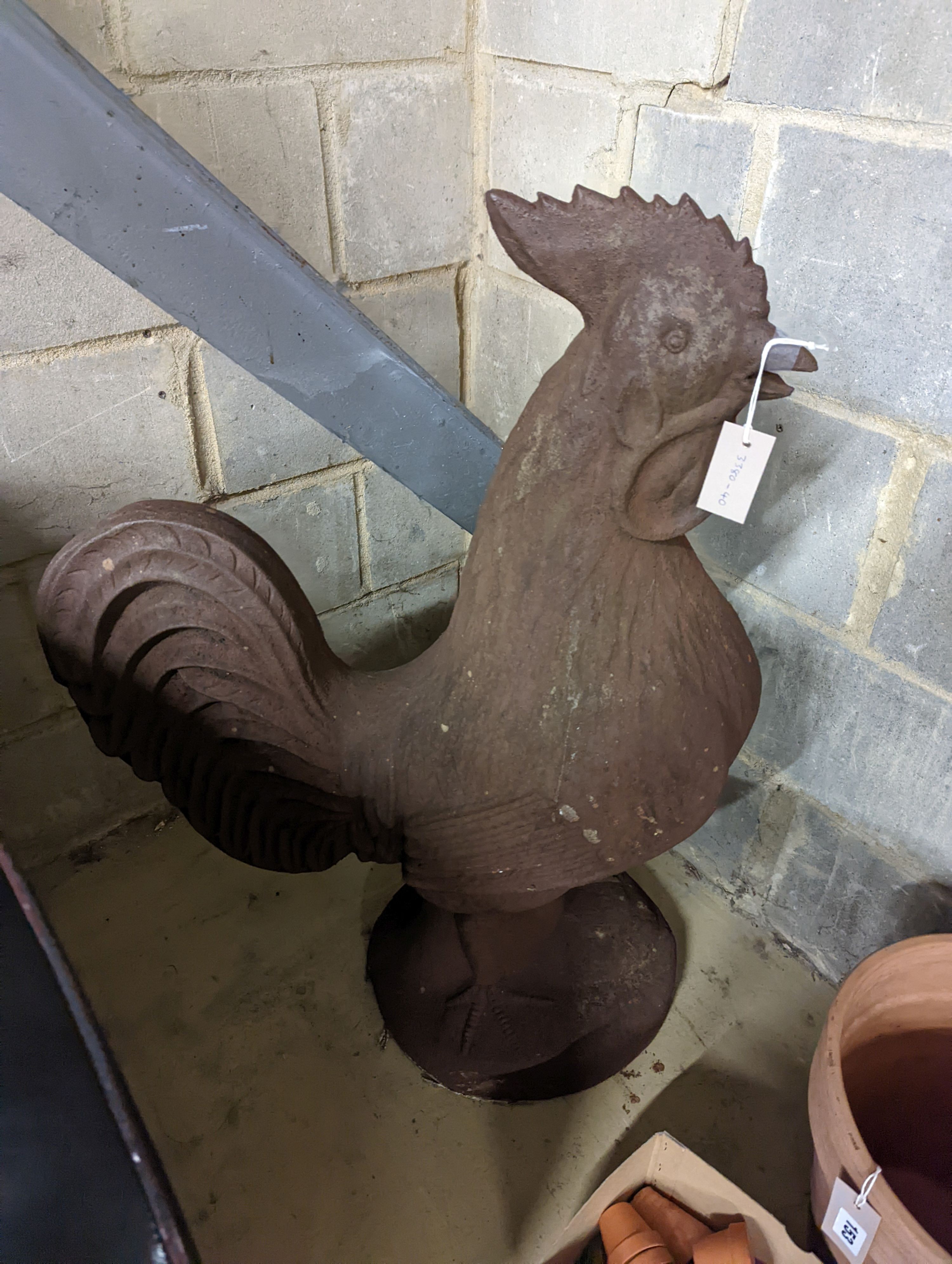 A large cast iron cockerel garden ornament, height 90cm